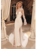 Long Sleeves Beaded Ivory Lace Satin Fairytale Wedding Dress